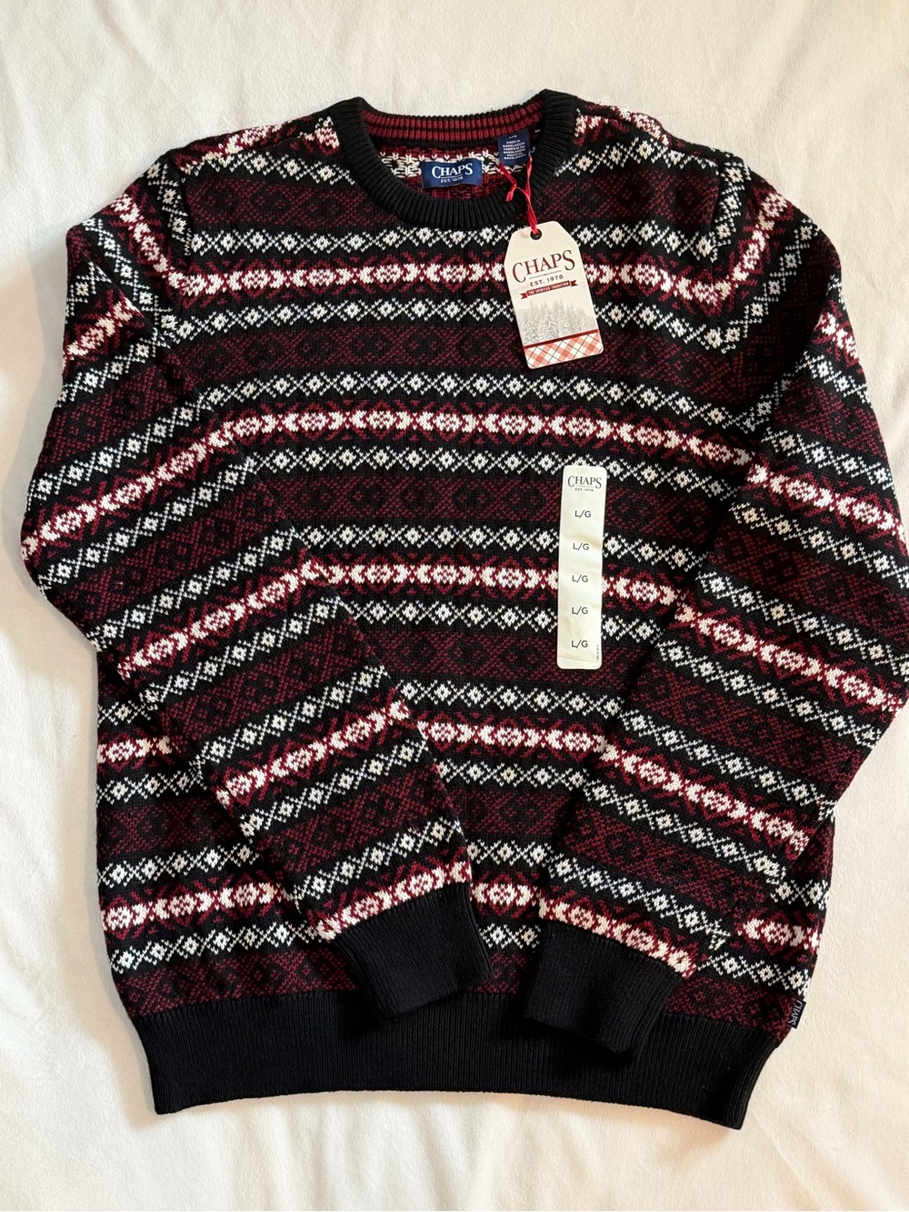 NWT Chaps Men's Burgundy Fair Isle Crewneck Sweater - Sz L (318)